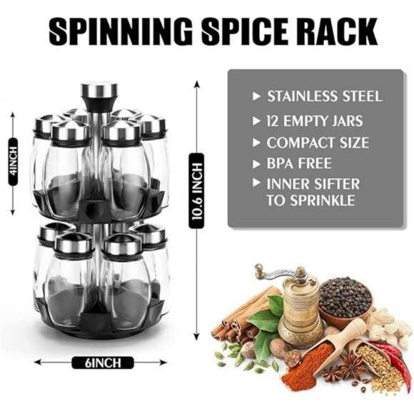 revolving spice rack organizer with 12 glass jars rotating countertop kitchen st - Picture 3 of 7